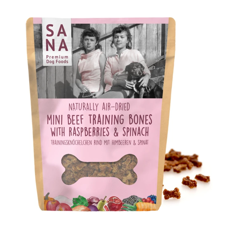 SANADOG Mini Bones wołowina z malinami i szpinakiem 100 g – kosteczki treningowe