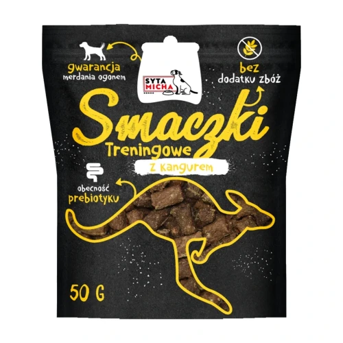 Saszetka smaczków treningowych Syta Micha z kangurem 50 g na białym tle.