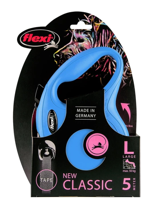 Flexi New Classic L 5 m niebieska – smycz automatyczna z taśmą