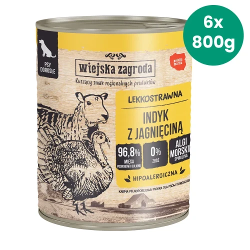 Puszka Wiejska Zagroda Indyk z Jagnięciną z żółtą etykietą i graficznym oznaczeniem zestawu 6 × 800 g