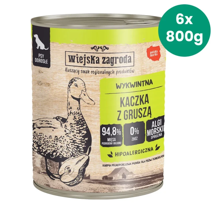 Puszka Wiejska Zagroda Kaczka z Gruszką z zieloną etykietą i oznaczeniem zestawu 6 × 800 g