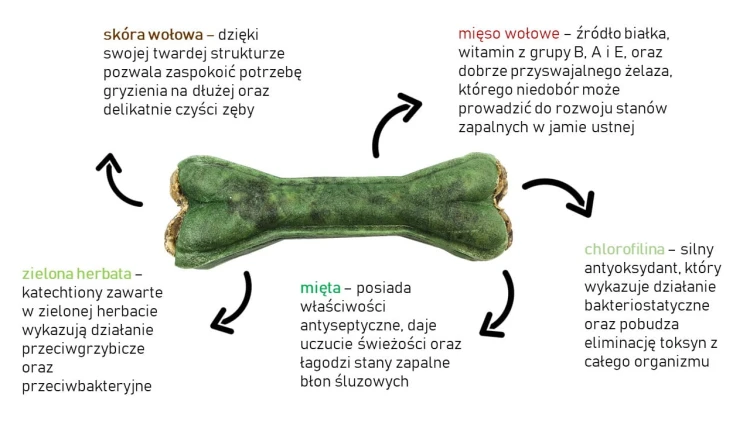 Kość do żucia Syta Micha Fresh Breath, zielona, otoczona strzałkami i opisami składników