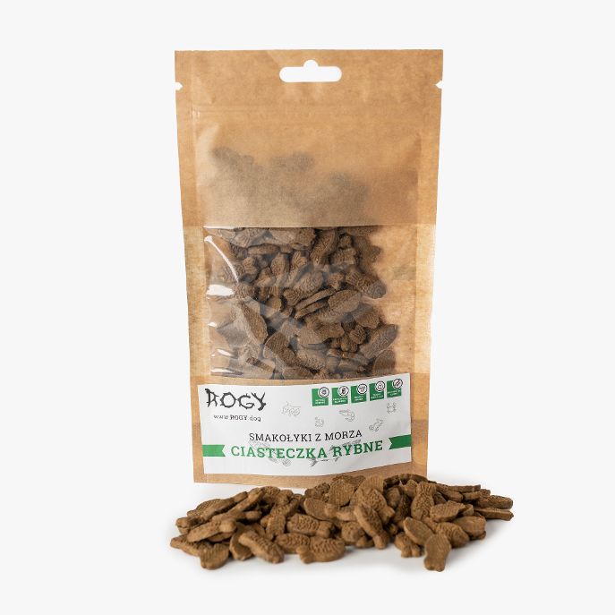 Rogy – ciasteczka rybne dla psa 70 g, opakowanie i przysmaki