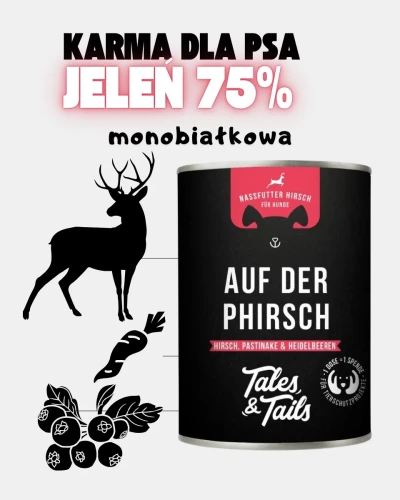Czarna puszka Tales & Tails z czerwoną etykietą obok sylwetki zwierzęcia i roślin; nagłówek informuje o 75% składników z jeleniem