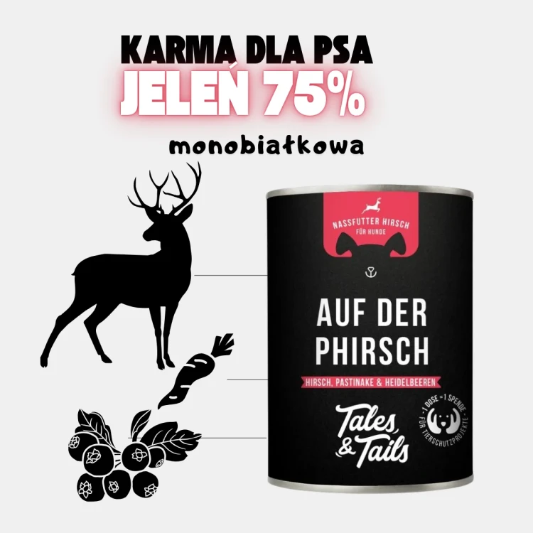 Czarna puszka Tales & Tails z czerwoną etykietą obok sylwetki zwierzęcia i roślin; nagłówek informuje o 75% składników z jeleniem