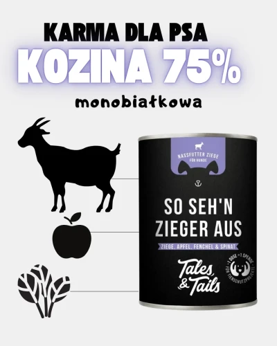 Czarna puszka Tales & Tails z fioletową etykietą obok sylwetki zwierzęcia i roślin; nagłówek informuje o 75% składników z koziną