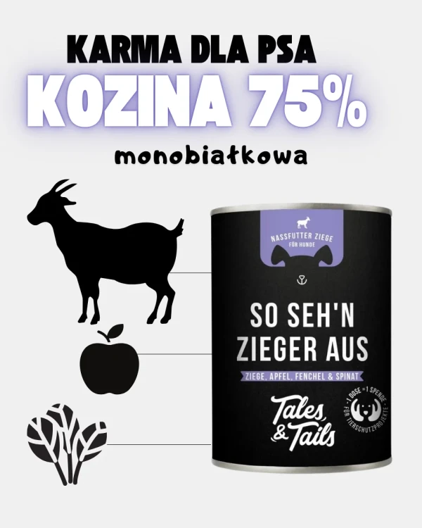 Czarna puszka Tales & Tails z fioletową etykietą obok sylwetki zwierzęcia i roślin; nagłówek informuje o 75% składników z koziną