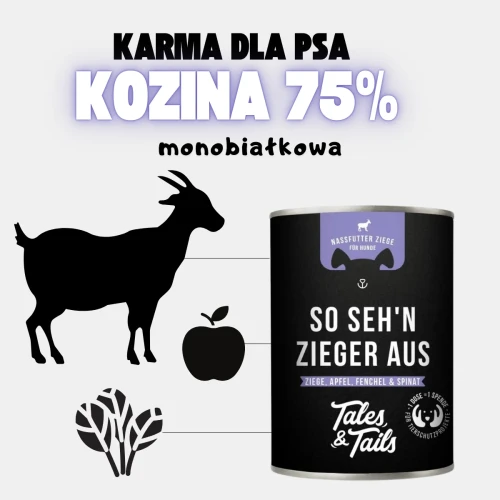 Czarna puszka Tales & Tails z fioletową etykietą obok sylwetki zwierzęcia i roślin; nagłówek informuje o 75% składników z koziną