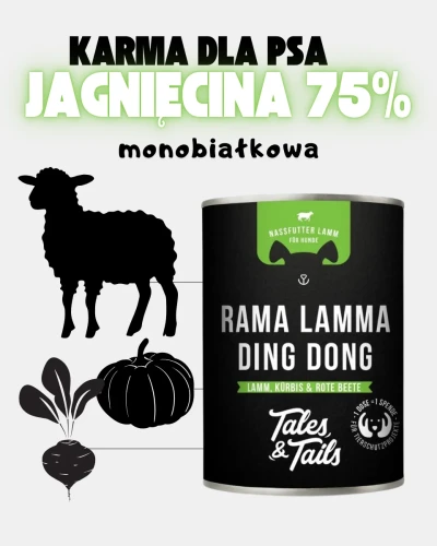 Czarna puszka Tales & Tails z zieloną etykietą obok sylwetki zwierzęcia i roślin; nagłówek informuje o 75% składników z jagnięciną