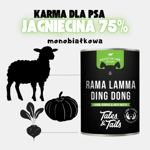 Czarna puszka Tales & Tails z zieloną etykietą obok sylwetki zwierzęcia i roślin; nagłówek informuje o 75% składników z jagnięciną