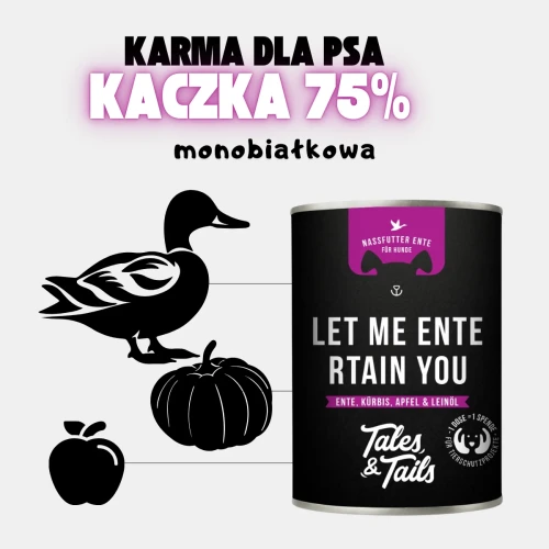 Czarna puszka Tales & Tails z różową etykietą obok sylwetki zwierzęcia i roślin; nagłówek informuje o 75% składników z kaczką