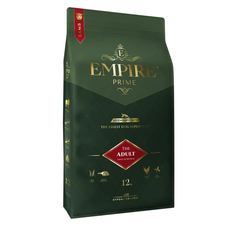 Zielony worek karmy Empire Prime Adult S/M z czerwonym oznaczeniem wariantu dla mniejszych dorosłych psów