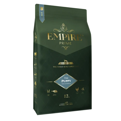 Zielony worek karmy Empire Prime Puppy S/M z niebieskim oznaczeniem wariantu dla szczeniąt mniejszych ras