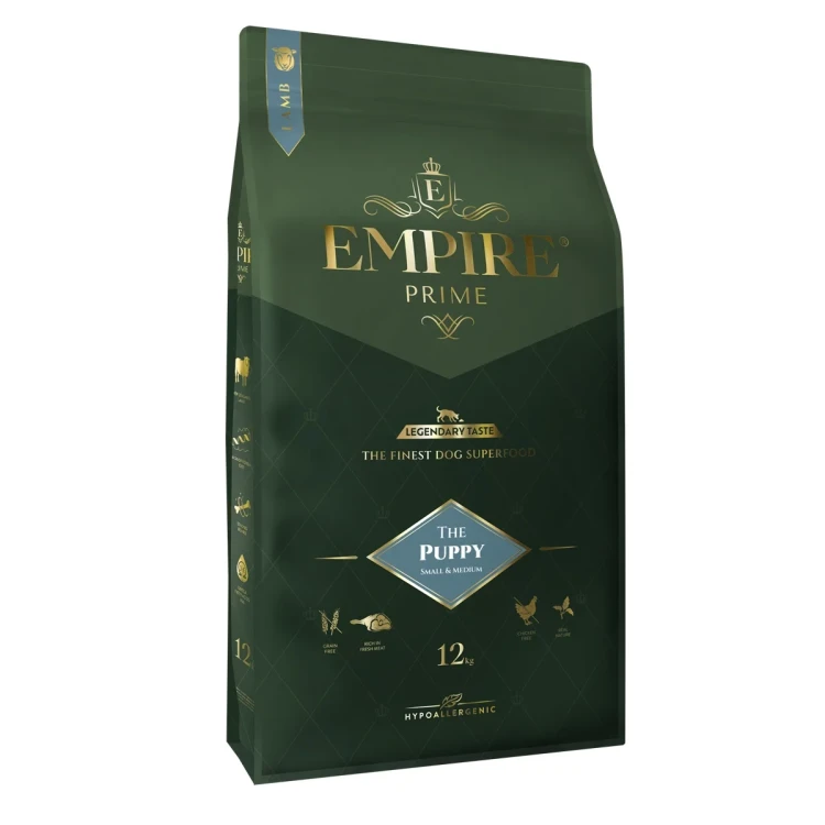 Zielony worek karmy Empire Prime Puppy S/M z niebieskim oznaczeniem wariantu dla szczeniąt mniejszych ras