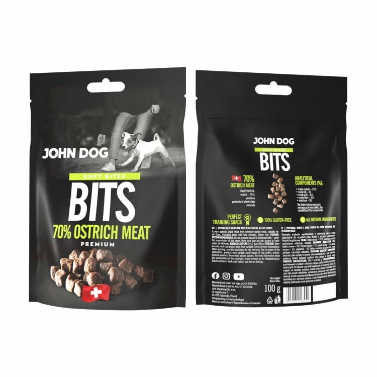 Czarna torebka John Dog Bits ze strusiem pokazana z obu stron, z zielonym oznaczeniem wariantu na froncie