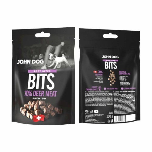 Dwie strony czarnej torebki John Dog Bits z jeleniem, z fioletowymi akcentami i zdjęciem psa na froncie