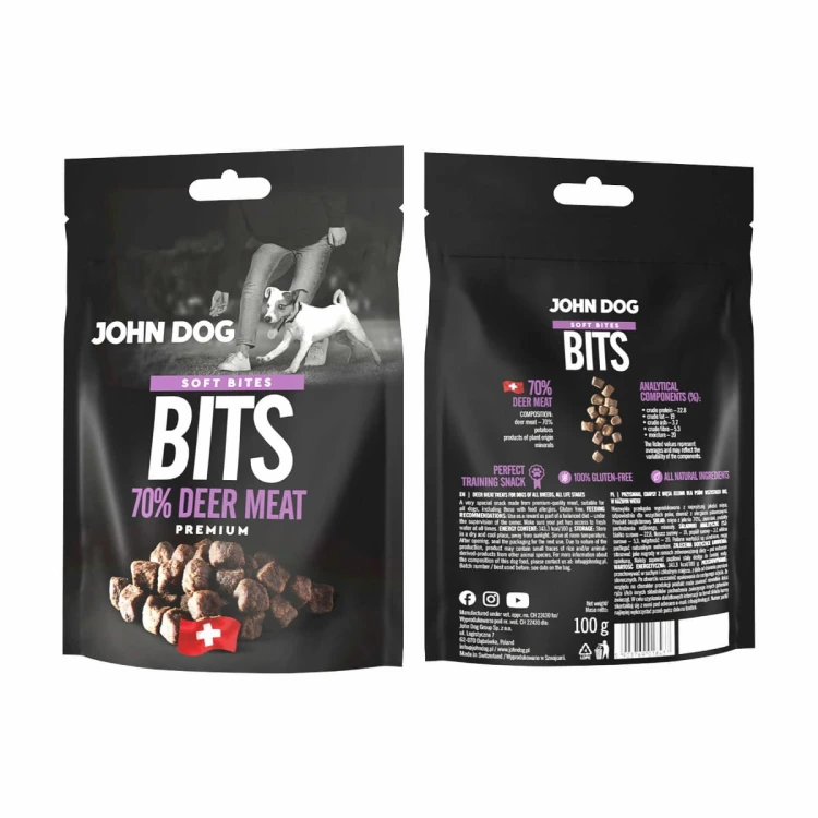 Dwie strony czarnej torebki John Dog Bits z jeleniem, z fioletowymi akcentami i zdjęciem psa na froncie