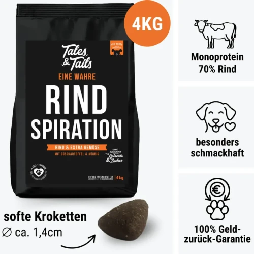 Grafika Tales & Tails Rind Spiration z workiem 4 kg, ikonami cech karmy i chrupkiem o podanej średnicy około 1,4 cm