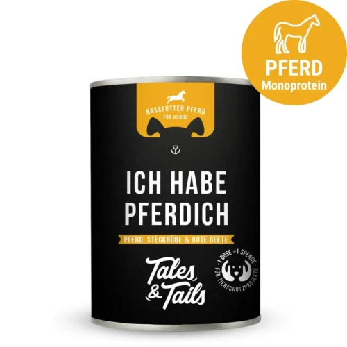 Czarna puszka Tales & Tails Ich Habe Pferdich z żółtym oznaczeniem i symbolem konia