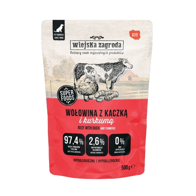 Wiejska Zagroda wołowina z kaczką 500 g – saszetka karmy mokrej