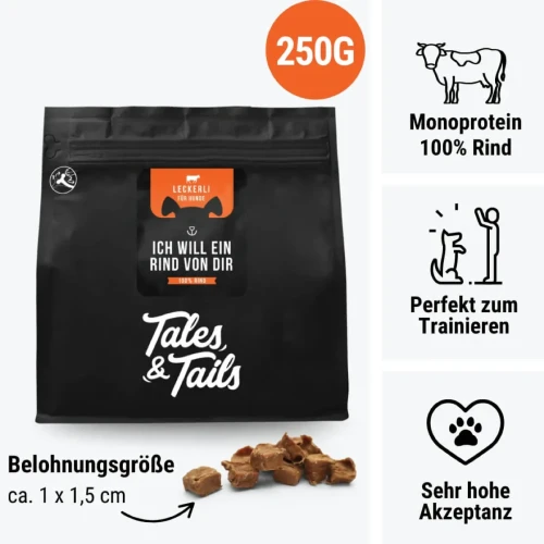 Grafika Tales & Tails z opakowaniem przysmaków wołowych 250 g, ikonami i podanym rozmiarem kawałków około 1 × 1,5 cm