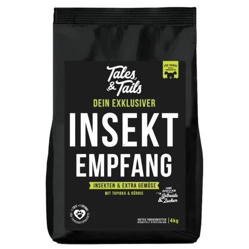 Czarny worek Tales & Tails Insekt Empfang z białym napisem i żółtymi elementami etykiety, opakowanie 4 kg