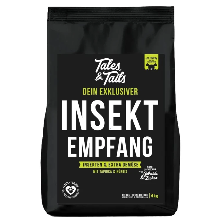 Czarny worek Tales & Tails Insekt Empfang z białym napisem i żółtymi elementami etykiety, opakowanie 4 kg