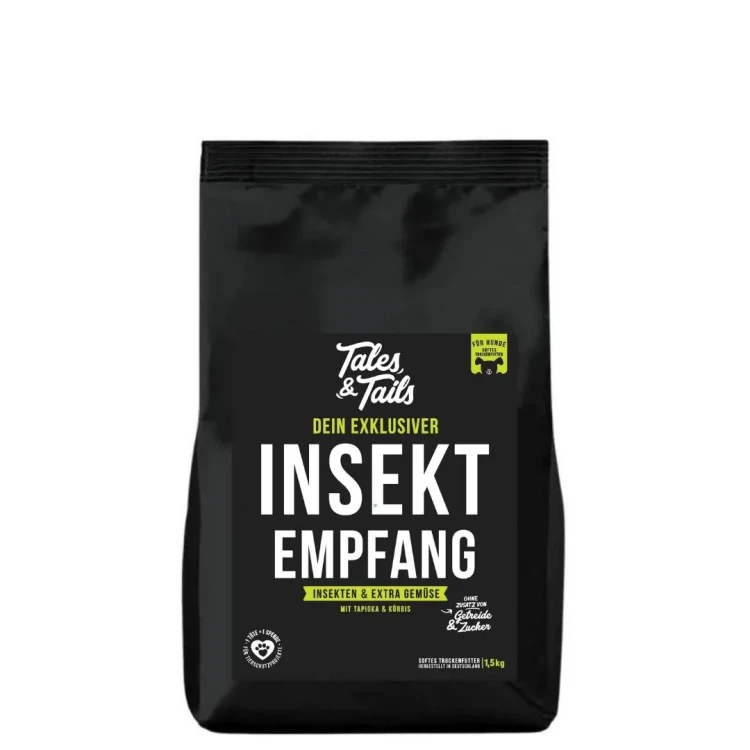 Czarna torebka Tales & Tails Insekt Empfang z białym napisem i żółtymi elementami etykiety, opakowanie 1,5 kg