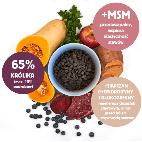 Slow Dog – królik i superfoods 1 kg, grafika składników karmy