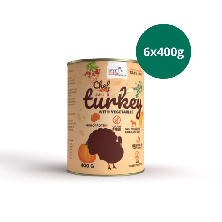 zestaw mokrej karmy dla szczeniaka Syta Micha indyk z warzywami 6x400g naturalna karma dla szczeniąt