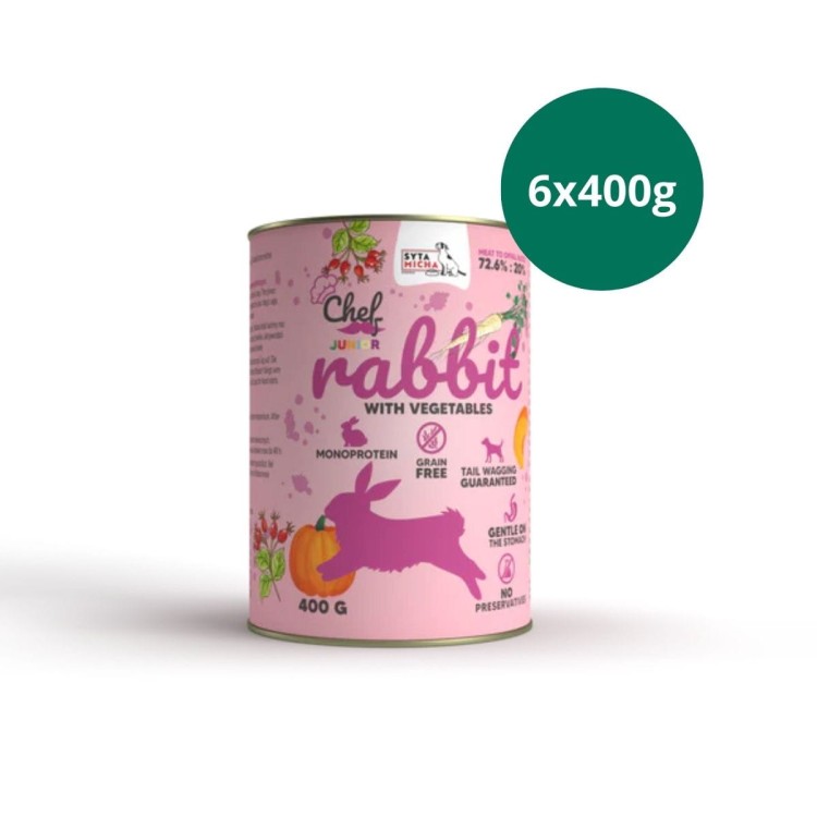 zestaw mokrej karmy dla szczeniąt Syta Micha królik z warzywami junior 6x400g lekkostrawna karma dla szczeniaka