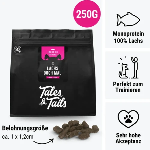 Grafika Tales & Tails Lachs Doch Mal z opakowaniem 250 g, przysmakami i oznaczeniem wielkości około 1 × 1,2 cm