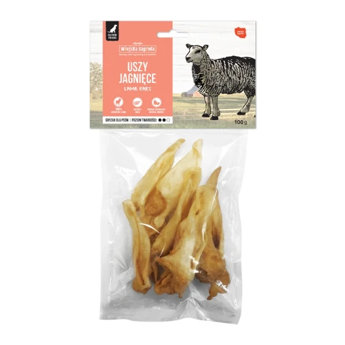 Naturalny gryzak dla psa z suszonych uszu jagnięcych Wiejska Zagroda 100g monoproteinowy przysmak dla psów dorosłych