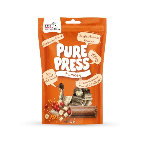 Smaczki Pure Press Turkey 150 g przygotowane z 90% suszonego mięsa indyka. Naturalne przysmaki tłoczone na zimno przeznaczone do nagradzania psów podczas treningów i spacerów.