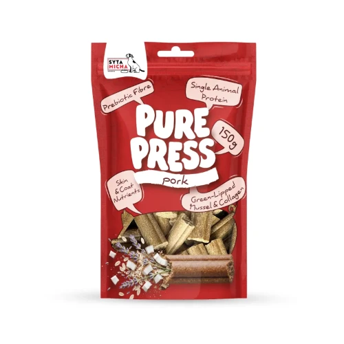 Smaczki Pure Press Pork 150 g przygotowane z 92% suszonego mięsa wieprzowego. Naturalne przysmaki tłoczone na zimno przeznaczone do nagradzania psów podczas treningów, spacerów i codziennych aktywności.