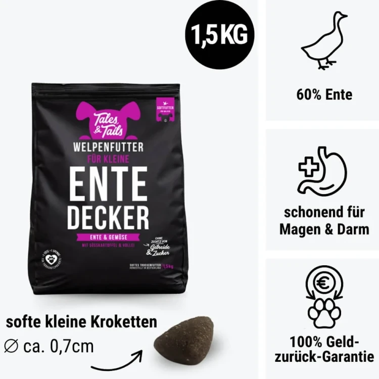 Tales & Tails – karma półwilgotna z kaczką dla szczeniąt 1,5 kg.webp
