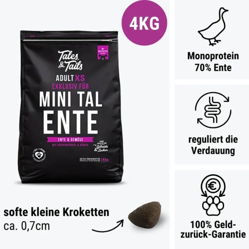 Tales & Tails Adult XS kaczka 4 kg – opakowanie karmy i grafika