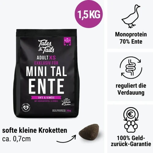 Tales & Tails Adult XS kaczka 1,5 kg – opakowanie karmy i grafika