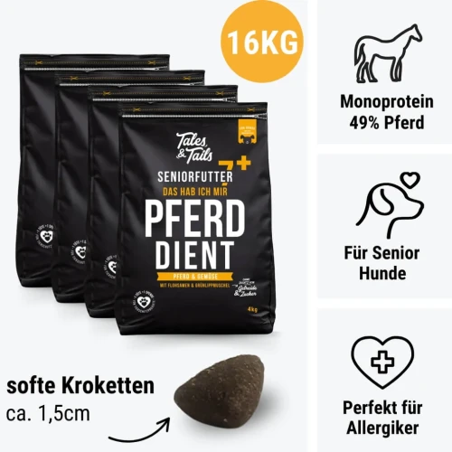 Zestaw czterech worków karmy Tales & Tails Senior z koniną po 4 kg, łącznie 16 kg
