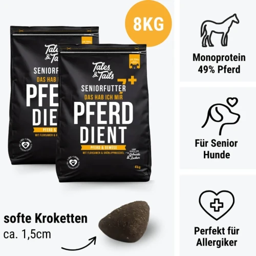 Zestaw dwóch worków karmy Tales & Tails Senior z koniną po 4 kg, łącznie 8 kg