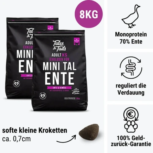 Tales & Tails Adult XS – karma z kaczką dla małych psów 2 × 4 kg (8 kg).webp