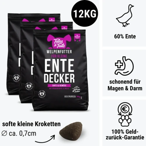 Zestaw trzech worków karmy Tales & Tails dla szczeniąt z kaczką po 4 kg, łącznie 12 kg