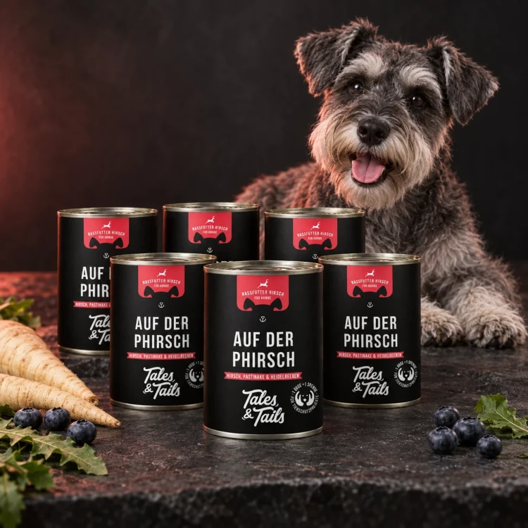 Jeleń 6 × 400 g — Z psem w stylistyce opakowania — Tales & Tails