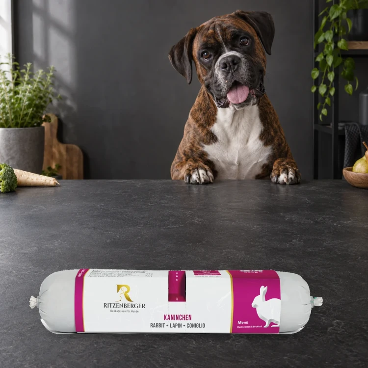 Ritzenberger Królik Duo-Rolls 2 × 400 g – karma mokra dla psa — z psem