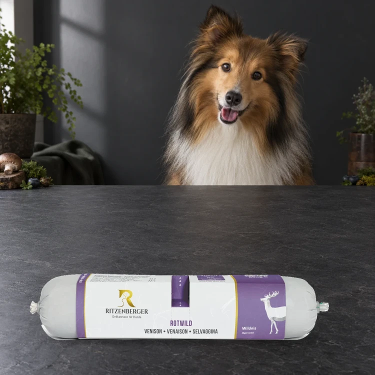 Ritzenberger Jeleń Duo-Rolls 2 × 400 g – karma mokra dla psa — z psem