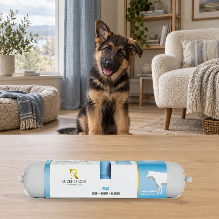Ritzenberger Wołowina Puppy Duo-Rolls 2 × 400 g – karma mokra dla szczeniąt — w domu z psem