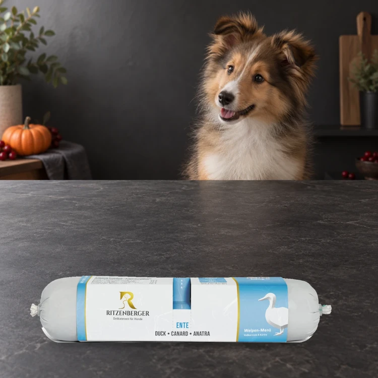 Ritzenberger Kaczka Puppy Duo-Rolls 2 × 400 g – karma mokra dla szczeniąt — z psem