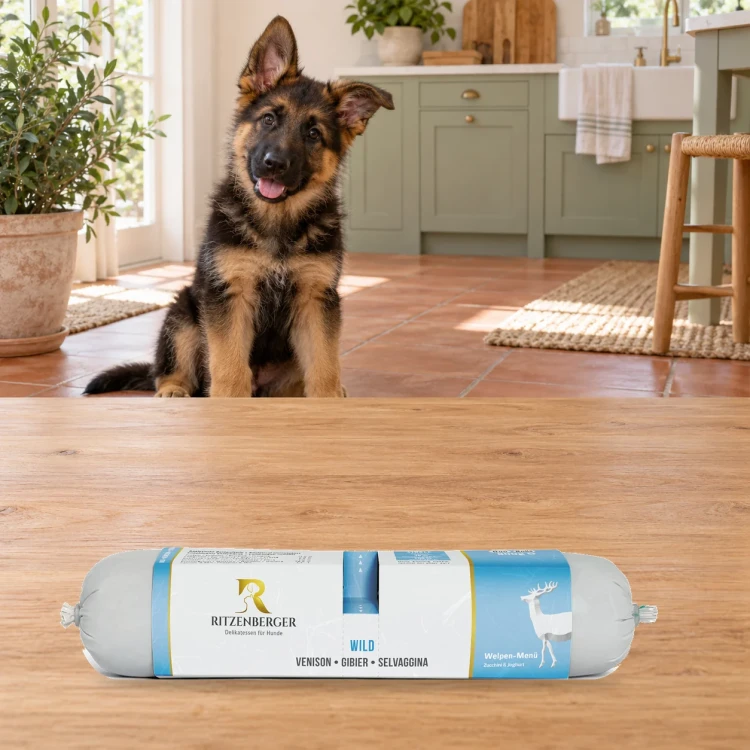 Ritzenberger Dziczyzna Puppy Duo-Rolls 2 × 400 g – karma mokra dla szczeniąt — w domu z psem