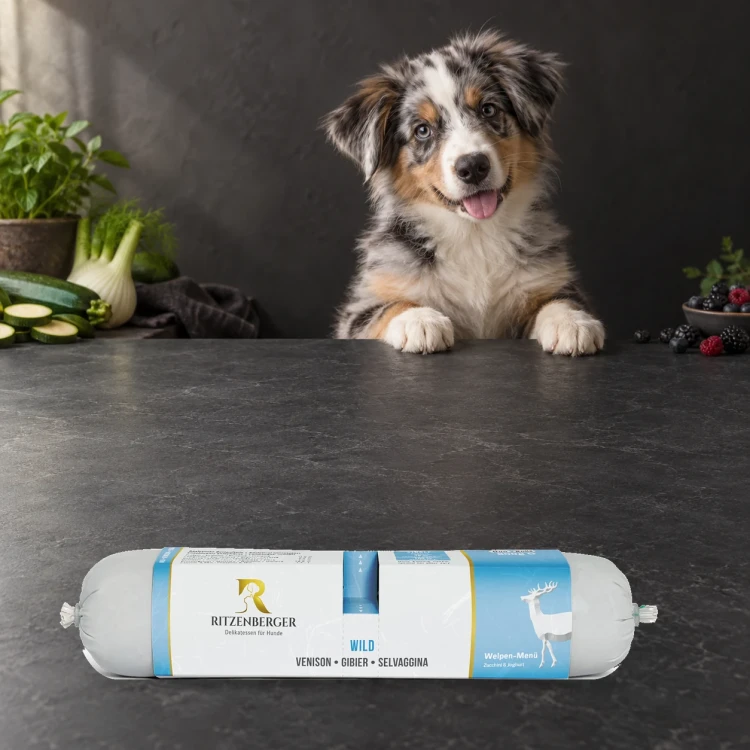 Ritzenberger Dziczyzna Puppy Duo-Rolls 2 × 400 g – karma mokra dla szczeniąt — z psem
