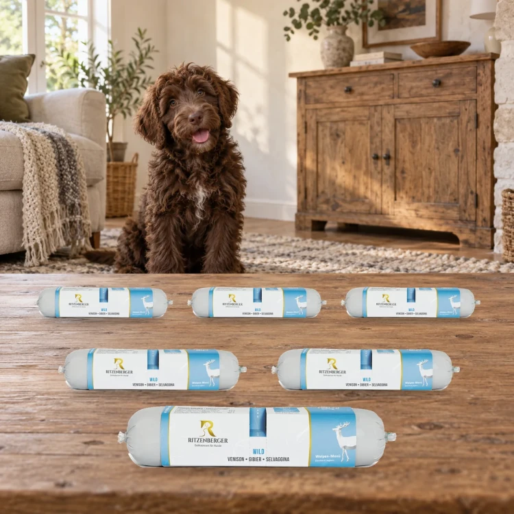Ritzenberger Dziczyzna Puppy 6 × 800 g – zestaw karmy mokrej dla szczeniąt — w domu z psem
